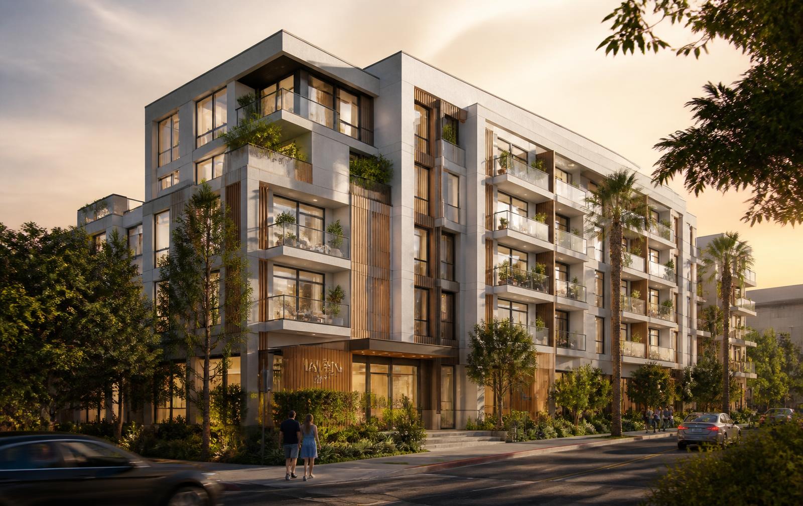 Contemporary residential building rendered at sunset