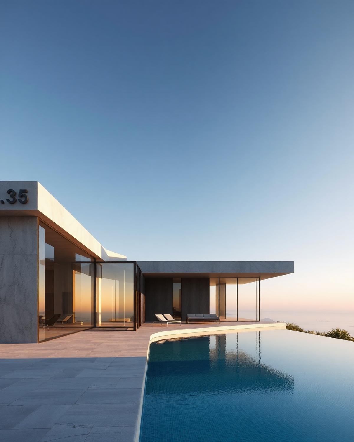 Architectural render of a minimalist villa with a reflecting pool at dawn