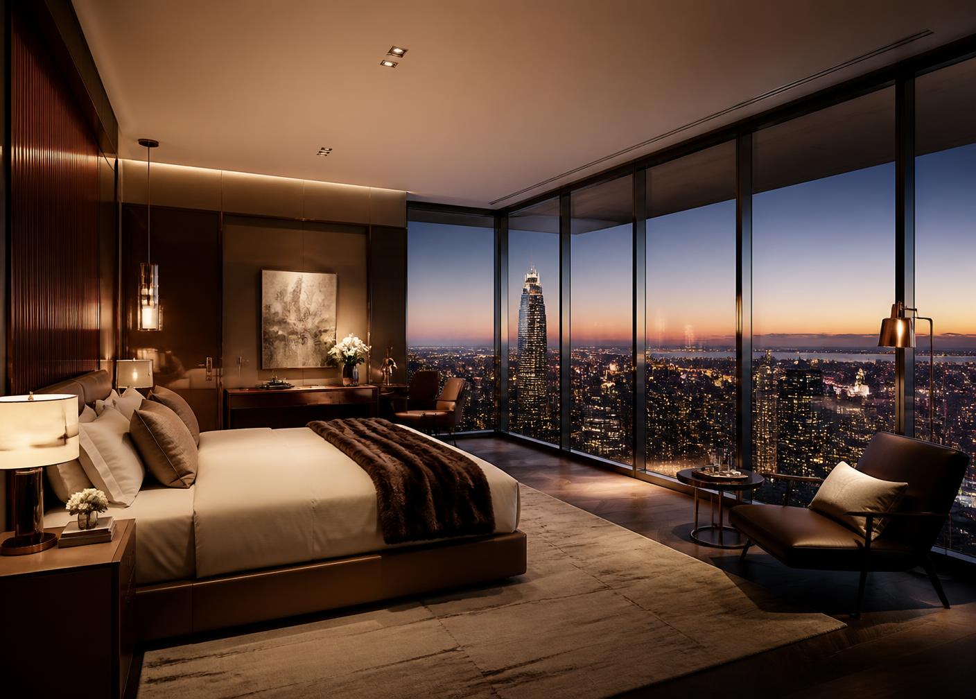 Premium bedroom interior with a city view at dusk